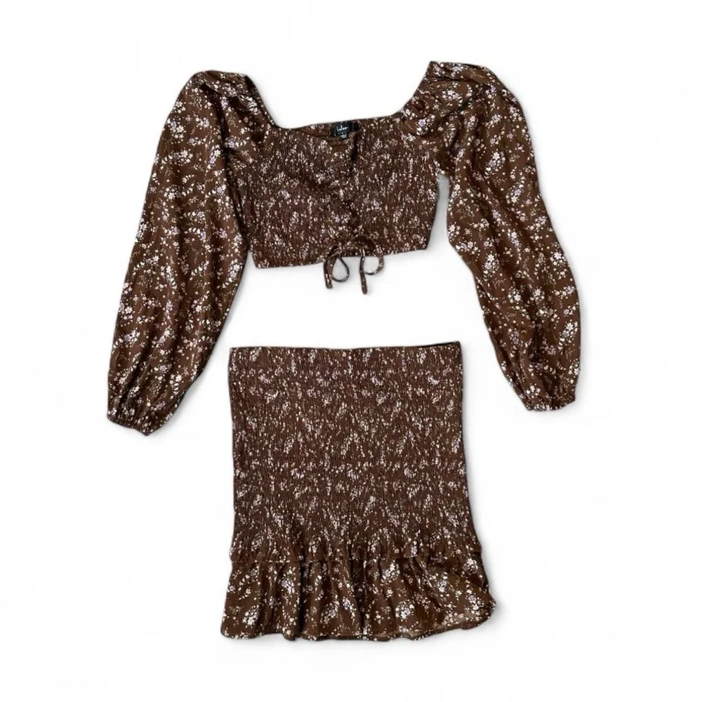 Lulus On My Side L Brown Floral Print Smocked 2 Piece Mini Dress Boho Soft Girl - Picture 2 of 7